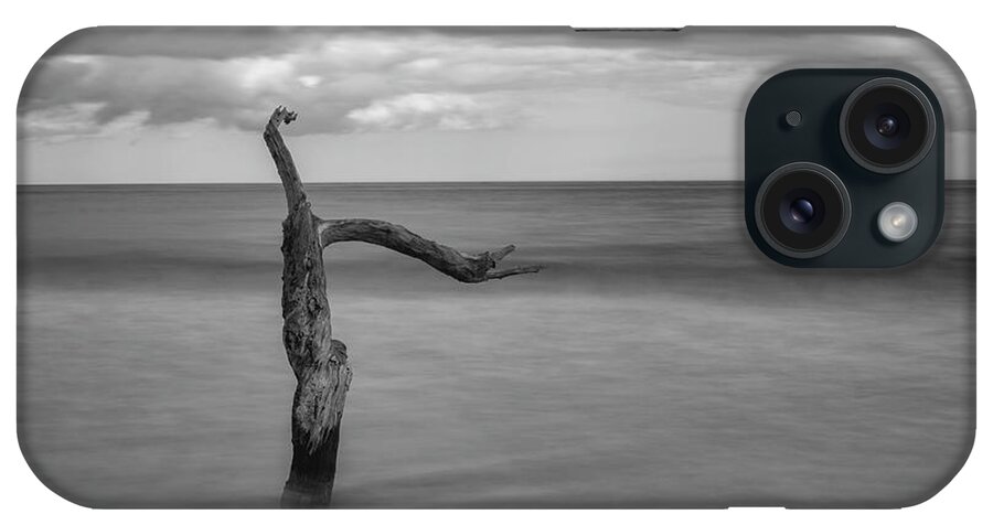 Black iPhone Case featuring the photograph Driftwood Beach in Black and White by Carolyn Hutchins