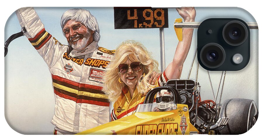 Nhra Funny Car Hell Fire Nitro Top Fuel Dragster Kenny Youngblood John Force iPhone Case featuring the painting First in the Fours #1 by Kenny Youngblood
