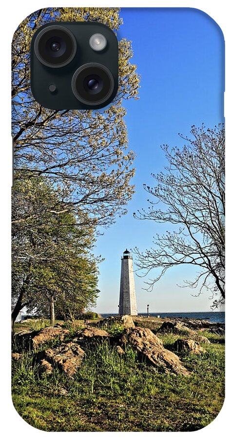 Five Mile Point Lighthouse iPhone Case featuring the photograph Five Mile Point Lighthouse through trees #1 by Doolittle Photography and Art