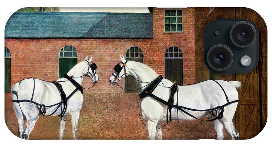 Animals iPhone Case featuring the painting Grey carriage horses in the coachyard at Putteridge Bury, Hertfordshire #1 by John Frederick Herring