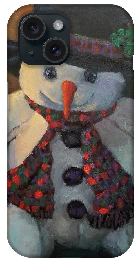 Snowman Christmas Stuffed Animal Holidays Winter Snow Snowflake Wisconsin Driftless Region iPhone 15 Case featuring the painting Grinning Snowman #2 by Jeff Dickson