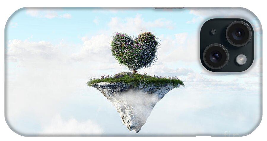 Island iPhone Case featuring the photograph Heart shape tree on floating island in clouds #1 by Michal Bednarek