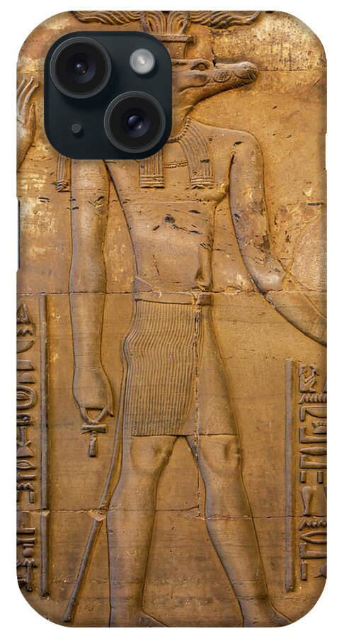 Egypt iPhone Case featuring the relief Hieroglyphic carvings of Sebek god #1 by Mikhail Kokhanchikov