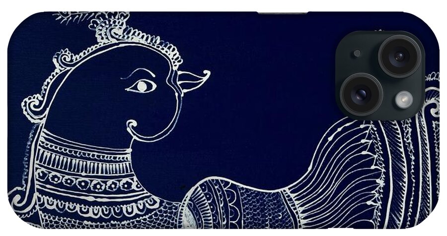 Kalamkari iPhone Case featuring the painting Peacock - Royal Blue by Bnte Creations