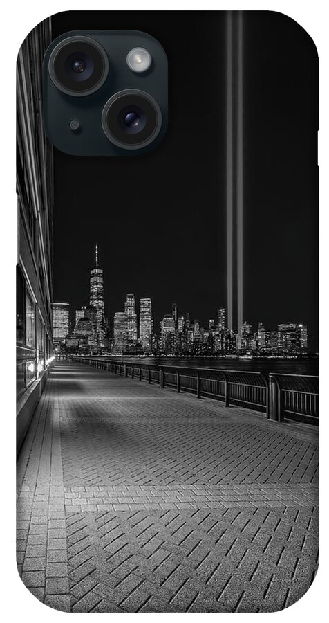 Nyc Skyline iPhone Case featuring the photograph NYC Tribute In Light BW #1 by Susan Candelario