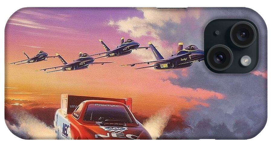 Nhra Funny Cars Kenny Youngblood Gary Densham Nitro Blue Angels iPhone Case featuring the painting On Angel's Wings #1 by Kenny Youngblood