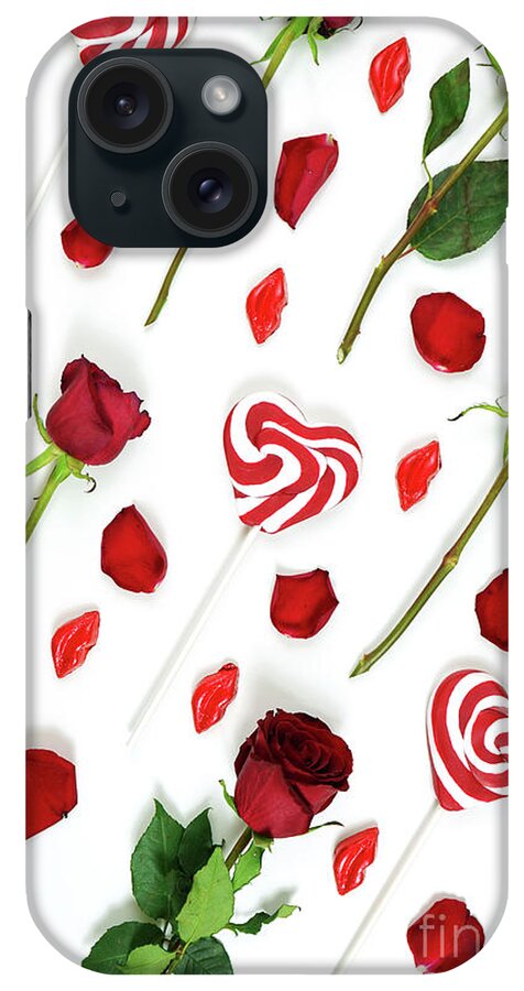 Red roses, petals, lollipops and chocolates creative composition layout.  iPhone Case by Milleflore Images - Fine Art America