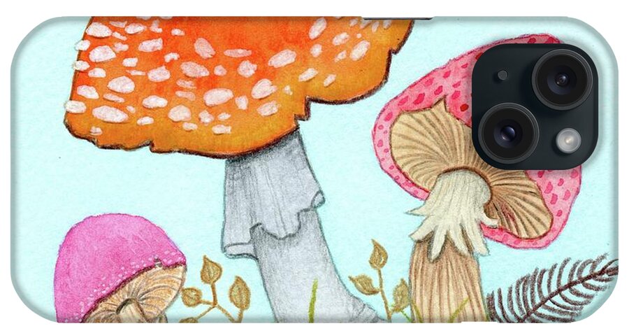 Retro Mushrooms iPhone Case featuring the painting Retro Mushrooms 3 by Donna Mibus