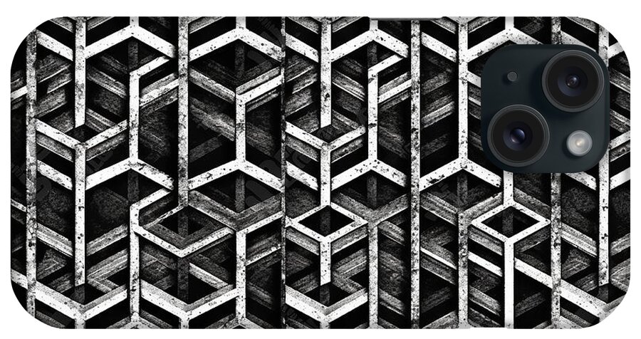 Seamless iPhone Case featuring the painting Seamless Painted Hexagon Stripe Weave Black And White Artistic Acrylic Paint Texture Background Creative Grunge Monochrome Hand Drawn Geometric Woven Motif Tileable Surface Pattern Wallpaper Design #1 by N Akkash