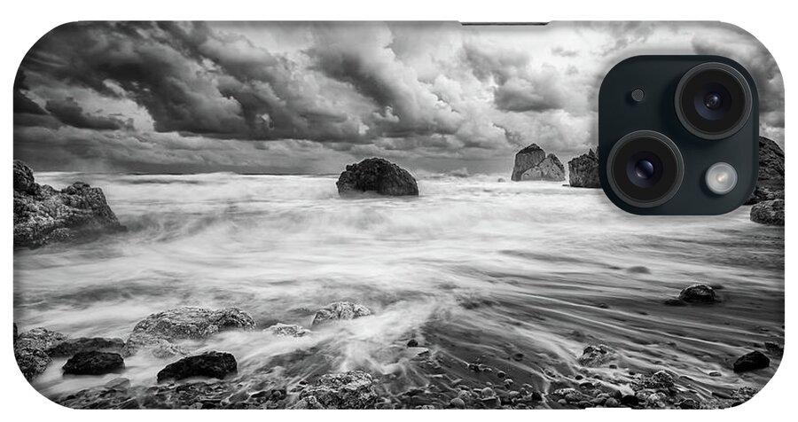 Seascape iPhone Case featuring the photograph Seascape with windy waves during storm weather at the a rocky co #3 by Michalakis Ppalis