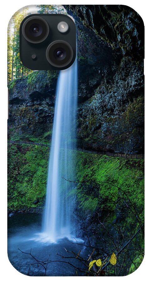 Silver Falls State Park; South Falls; South; Falls; Outdoor; Hike; Waterfall; Oregon; Winter; Sunset; River; Green; Tree; Star Sun; Beautiful; Silk; Silky; iPhone Case featuring the digital art South Falls in Winter #1 by Michael Lee