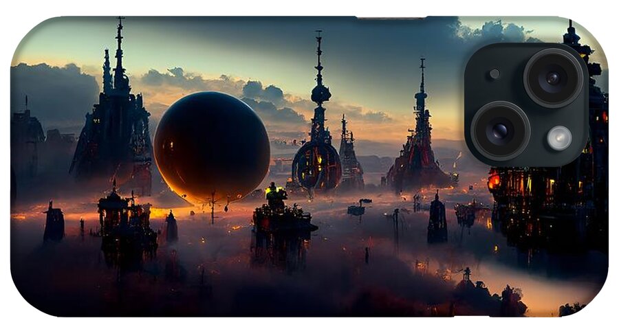 A Beautifully Detailed Matte Painting Of A Space City At Dawn iPhone Case featuring the digital art steampunk space city at Dawn 01 by Frederick Butt