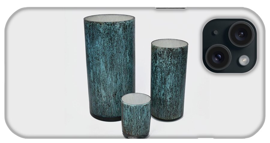 Glass iPhone Case featuring the glass art Three Blue Cylinders #2 by Christopher Schranck