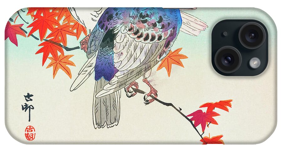 Pigeon iPhone Case featuring the painting Two pigeons on autumn branch #1 by Ohara Koson