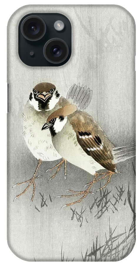 Birds iPhone Case featuring the painting Two ring sparrows in the rain #2 by Ohara Koson
