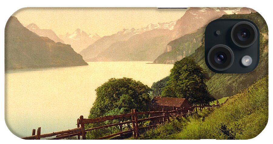 Illustration iPhone Case featuring the painting Urnersee General View Lake Lucerne Switzerland #1 by MotionAge Designs