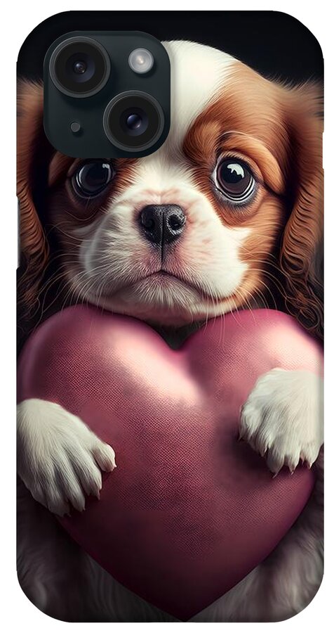 Puppy With Heart iPhone Case featuring the mixed media Valentine Puppy #1 by Lilia S