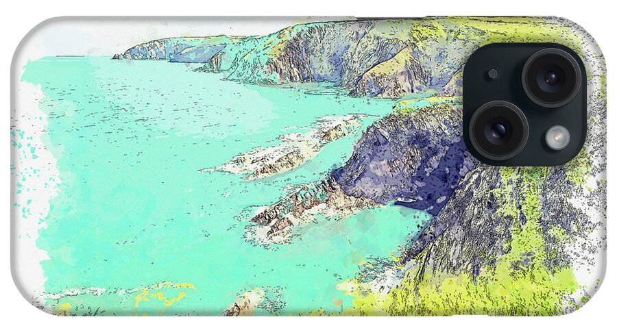 Pembrokeshire iPhone Case featuring the painting Wales Pembrokeshire Coast in watercolor ca by Ahmet Asar #2 by Celestial Images