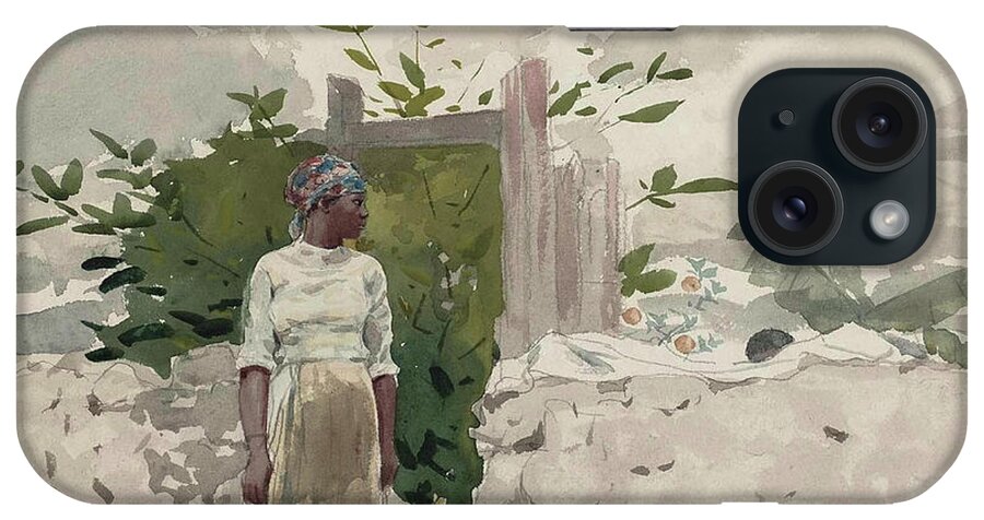 American Artists iPhone Case featuring the painting Woman Standing by a Gate, Bahamas #1 by Winslow Homer