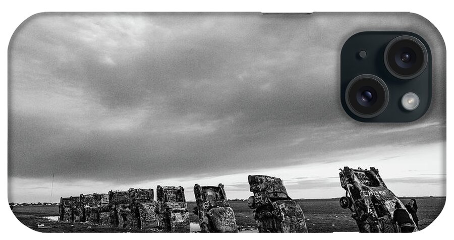 Cars Buried iPhone Case featuring the photograph Cadillac Ranch on Historic Route 66 in Amarillo Texas in black and white #10 by Eldon McGraw