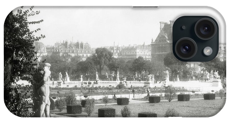 B&w Black And White 1920s Architecture Background Building Cities City Community Construction Copy Space Creativity Des Design Dreams Europe European France French Garden Historic Historical History Inspiration Jardin Joy Louvre Museum Outdoors Paris Peace Scenic Showing Skyline Structure Style Travel Tuileries Tuilleries Urban Retro Vintage Nostalgia Nostalgic Old Fashioned Old Fashion Old Time Classic iPhone Case featuring the photograph 1920s garden of Tuileries Jardin des Tuilleries Paris France showing the Louvre in background by Panoramic Images
