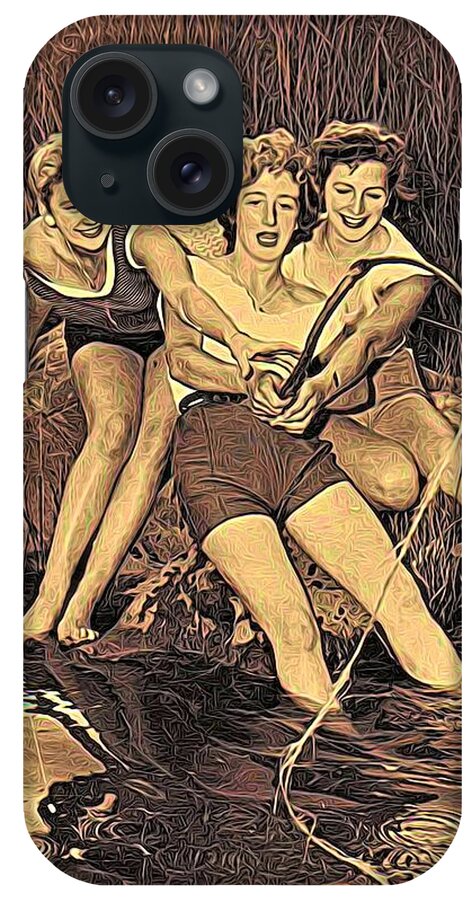 Modern Picture Painting iPhone Case featuring the mixed media 1950s Threes Sisters Fishing For...2of2 by Joan Stratton