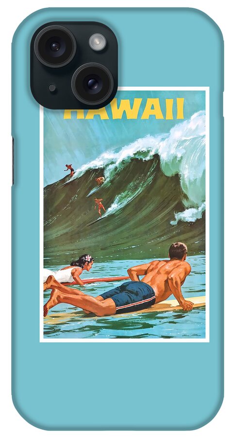 Hawaii iPhone Case featuring the digital art 1960 Hawaii Big Wave Surfing Travel Poster by Retro Graphics