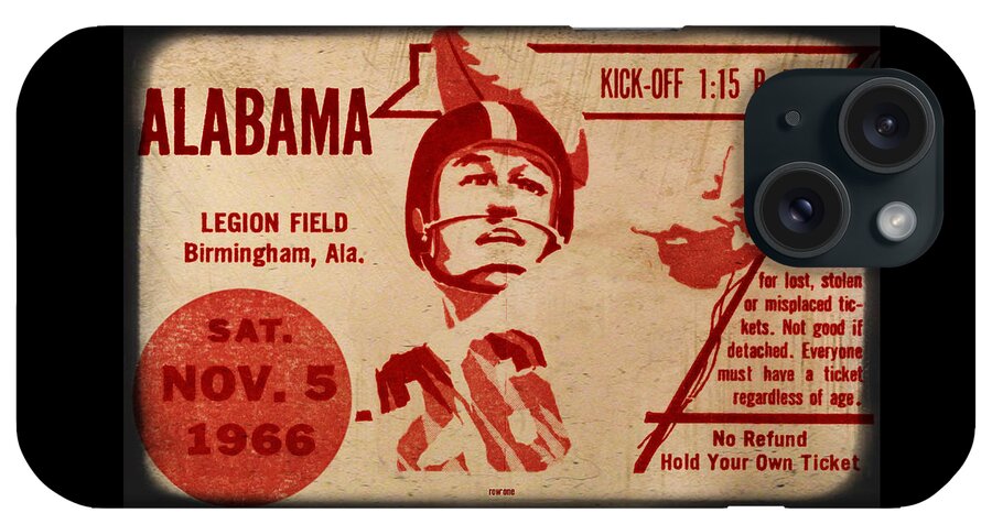 Alabama iPhone Case featuring the mixed media 1966 Alabama Football Ticket Art by Row One Brand