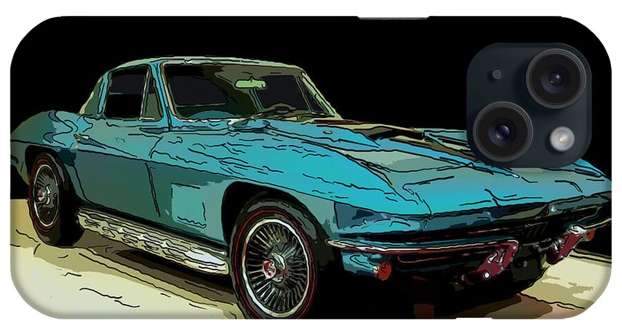 1967 Chevy Corvette Blue iPhone Case featuring the drawing 1967 Chevy Corvette blue Digital drawing by Flees Photos
