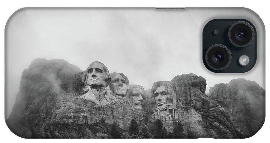 Mount Rushmore Break In The Clouds iPhone Case featuring the photograph Mount Rushmore Break In The Clouds Pano BW #2 by Michael Ver Sprill