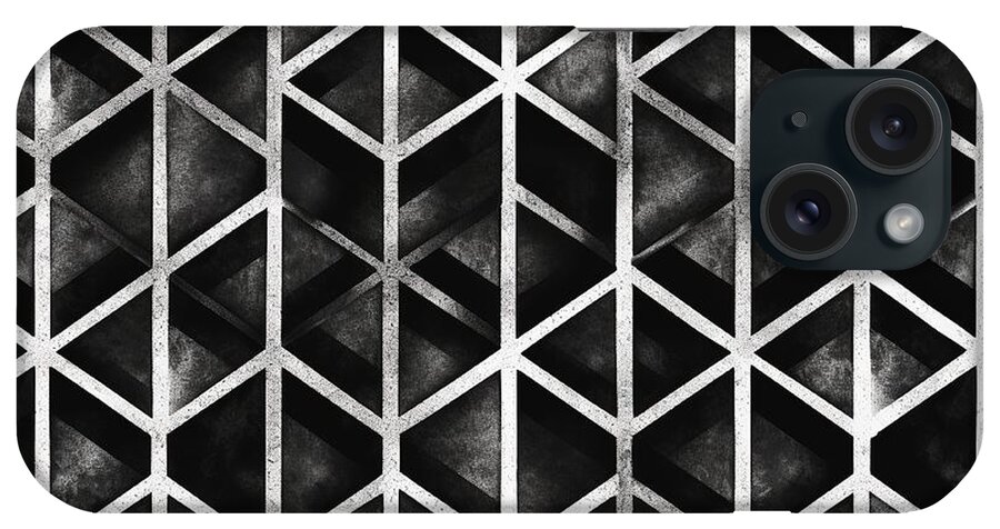 Seamless iPhone Case featuring the painting Seamless Painted Isometric Cube Black And White Artistic Acrylic Paint Texture Background Tileable Creative Grunge Monochrome Hand Drawn Geometric Diamond Line Motif Surface Pattern Wallpaper Design #2 by N Akkash