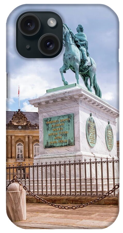 Building iPhone Case featuring the photograph Statue of Frederick V by Jacques Francois Joseph Saly, Amalienborg Palace Square in Copenhagen, Denmark #2 by Elenarts - Elena Duvernay photo