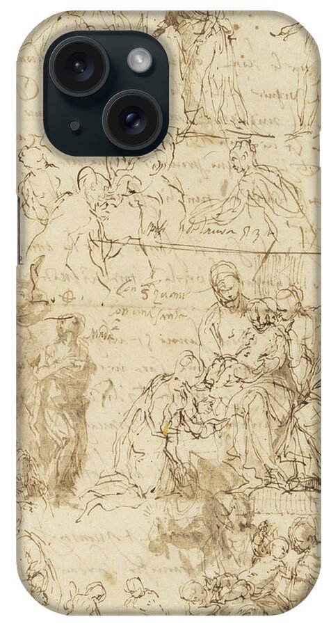 Paolo Veronese iPhone Case featuring the drawing The Mystic Marriage of Saint Catherine and other studies #4 by Paolo Veronese