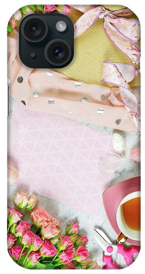 Spring iPhone Case featuring the photograph Welcoming Spring theme concept tea break with pink roses and female accessories. #2 by Milleflore Images
