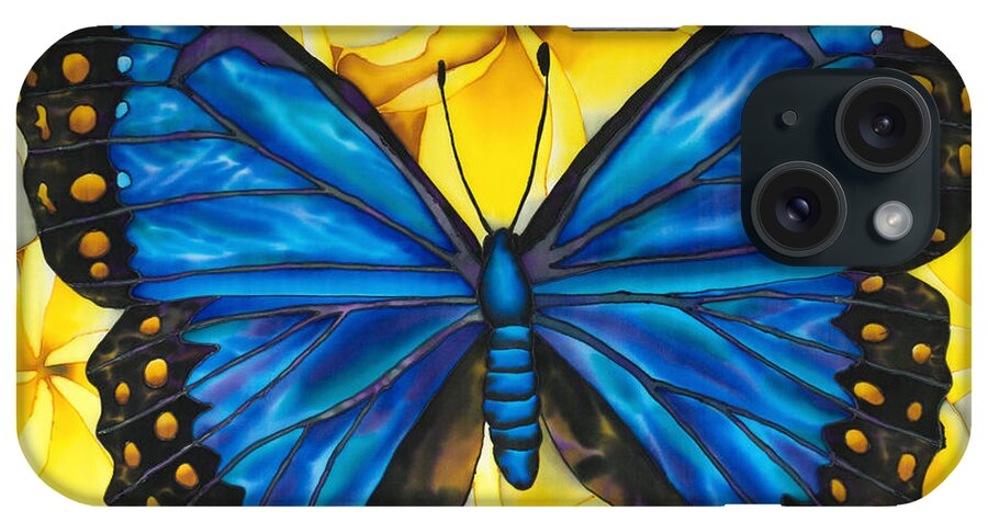 Frangipani Flower iPhone Case featuring the painting Blue morpho Butterfly #2 by Daniel Jean-Baptiste