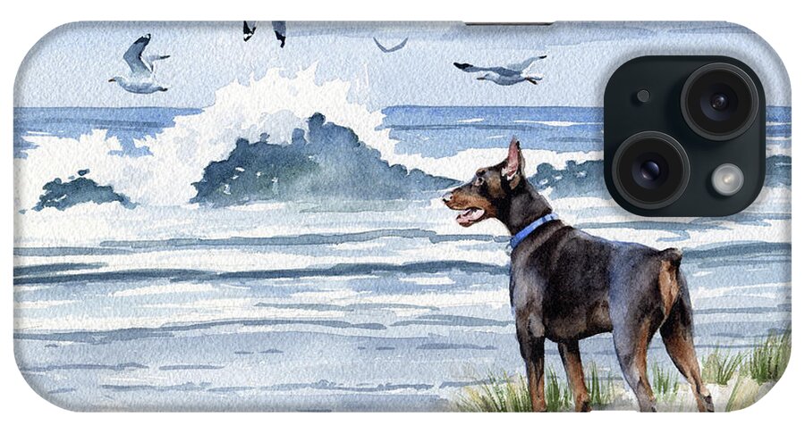 Doberman iPhone Case featuring the painting Doberman Pinscher at the Beach #3 by David Rogers