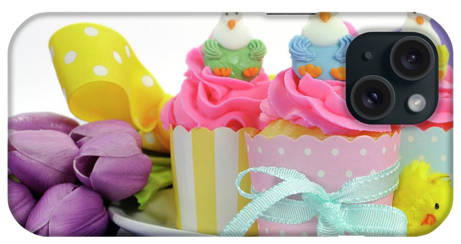 Easter iPhone Case featuring the photograph Happy Easter pink, yellow and blue cupcakes with cute chicken decorations #3 by Milleflore Images
