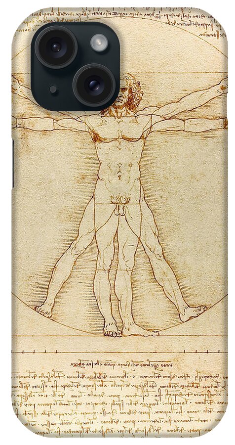 Leonardo iPhone Case featuring the drawing Vitruvian Man by Leonardo Da Vinci by Mango Art