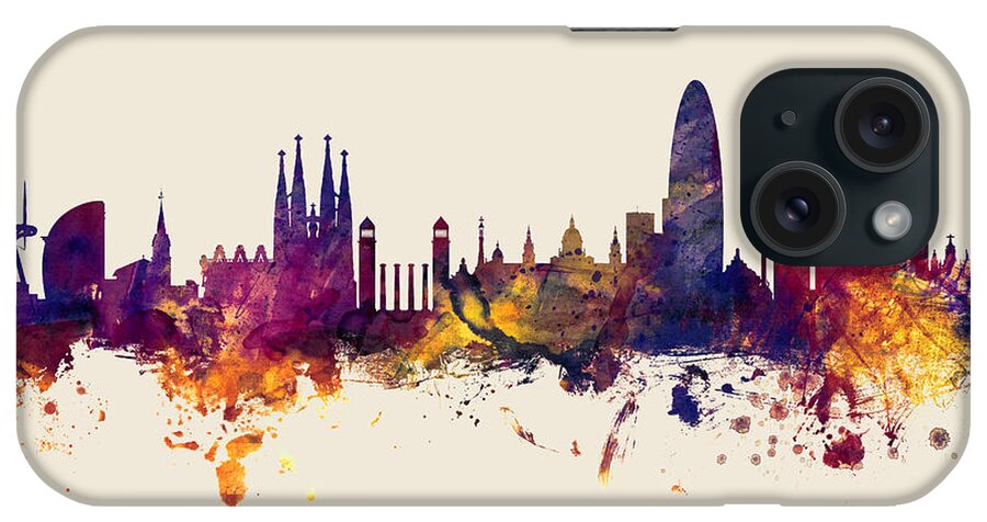 Barcelona iPhone Case featuring the digital art Barcelona Spain Skyline #41 by Michael Tompsett