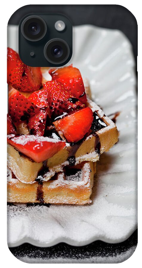 Waffles iPhone Case featuring the photograph Belgium waffers with sugar powder, strawberries and chocolate on #5 by Liss Art Studio