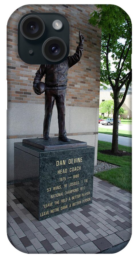 Notre Dame Fighting Irish iPhone Case featuring the photograph Coach Dan Devine statue at University of Notre Dame by Eldon McGraw