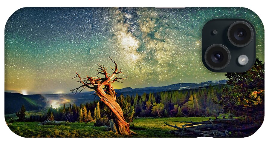 Colorado iPhone Case featuring the photograph A Bristlecone Tree Against a Starry Sky. by Lena Owens - OLena Art Vibrant Palette Knife and Graphic Design