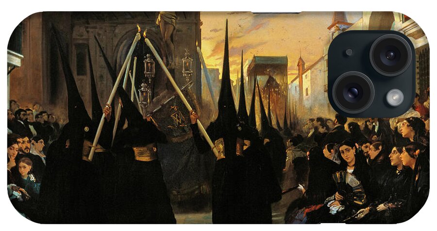 Alfred Dehodencq iPhone Case featuring the painting A Confraternity in Procession along the Calle Genova, Seville by Alfred Dehodencq