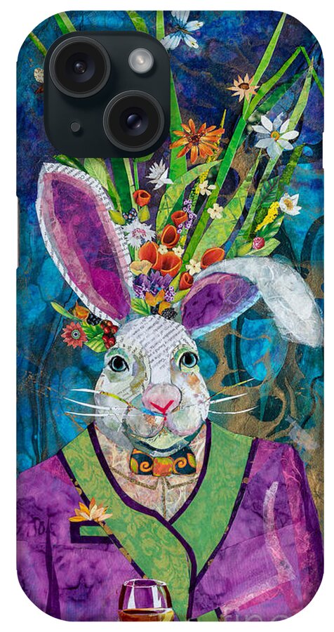 Collage Collages Mixed-media Torn Cut Paper Fabric Rabbit Bunny Bunched Flower Flowers Brand Whimsical Funny Fantasy iPhone Case featuring the mixed media A Distinguished Gentleman by Li Newton