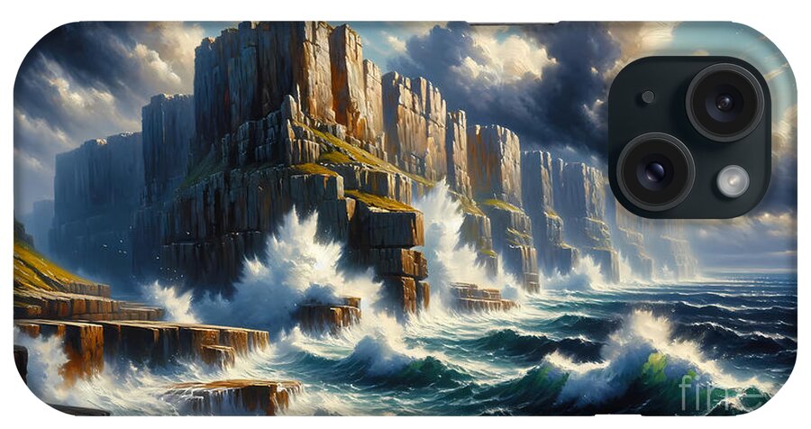 Cliffside iPhone Case featuring the painting A dramatic cliffside coastal view with waves crashing against the rocks by Jeff Creation