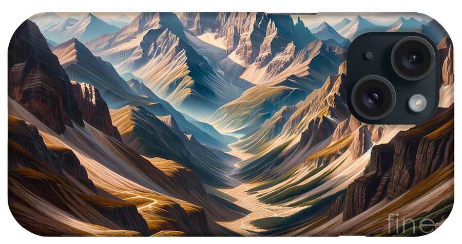 Mountain iPhone Case featuring the painting A high mountain pass with a view of peaks and valleys below by Jeff Creation