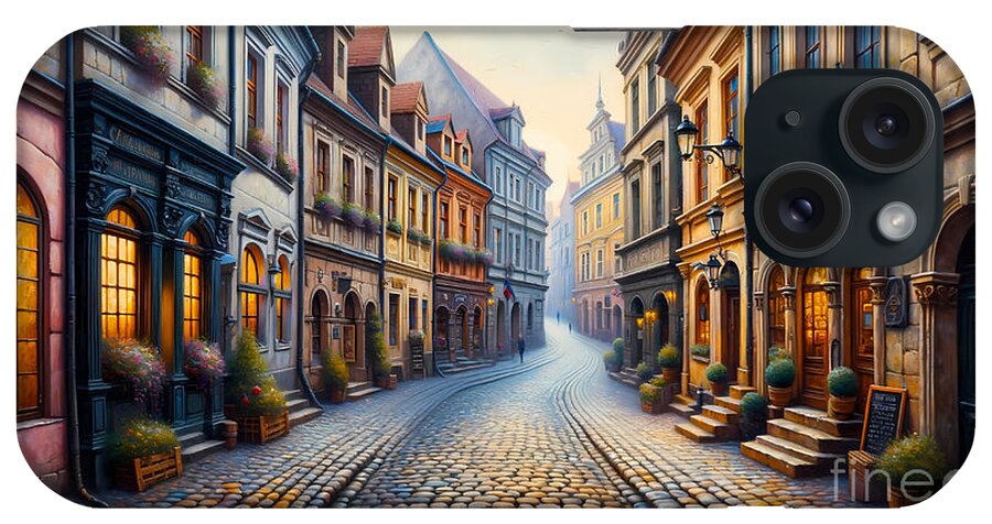 Historic iPhone Case featuring the painting A historic cobblestoned street in Europe lined with quaint buildings by Jeff Creation