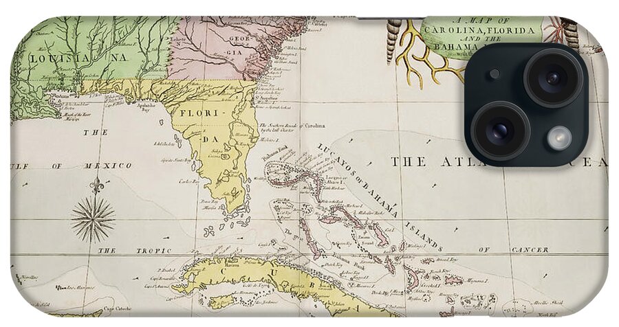 Carolina iPhone Case featuring the drawing A map of Carolina, Florida and the Bahama Islands 1754 by Mark Catesby