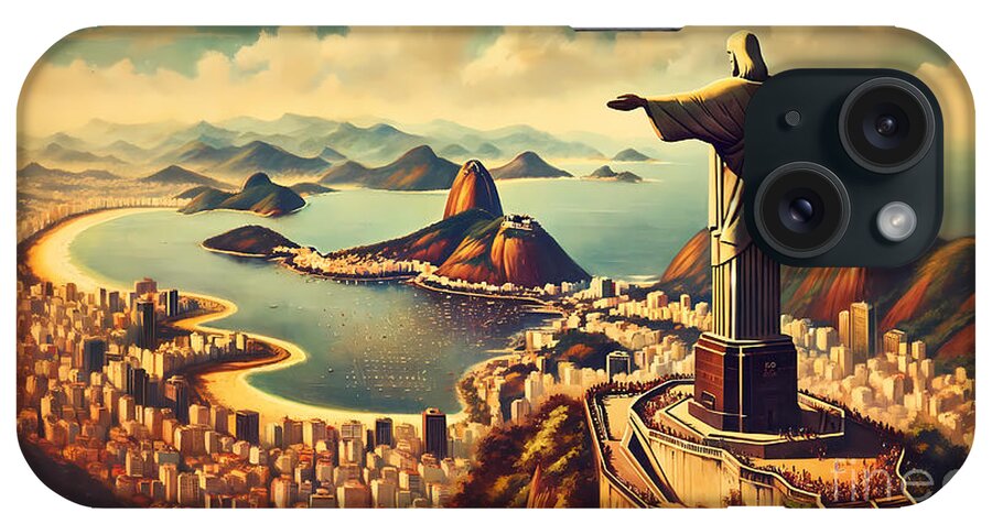 Vintage iPhone Case featuring the painting A panoramic view of Rio de Janeiro with the Christ the Redeemer statue, in a vintage postcard style. by Jeff Creation