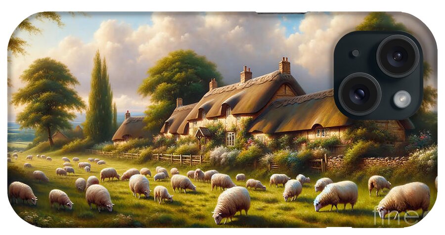 Pastoral iPhone Case featuring the painting A pastoral scene with sheep grazing near a thatched cottage in the English countryside. by Jeff Creation